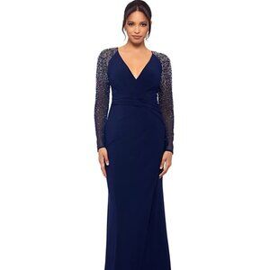 Betsy & Adam Navy Blue Gown with Silver Accents